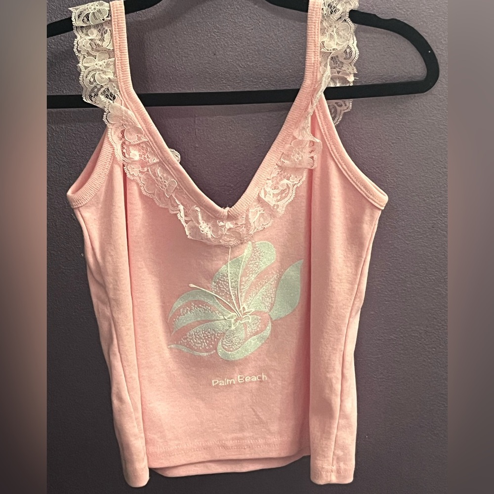 Palm Beach Florida Pink Blue floral Lace ruffle Tank Top Cami Cropped crop shirt